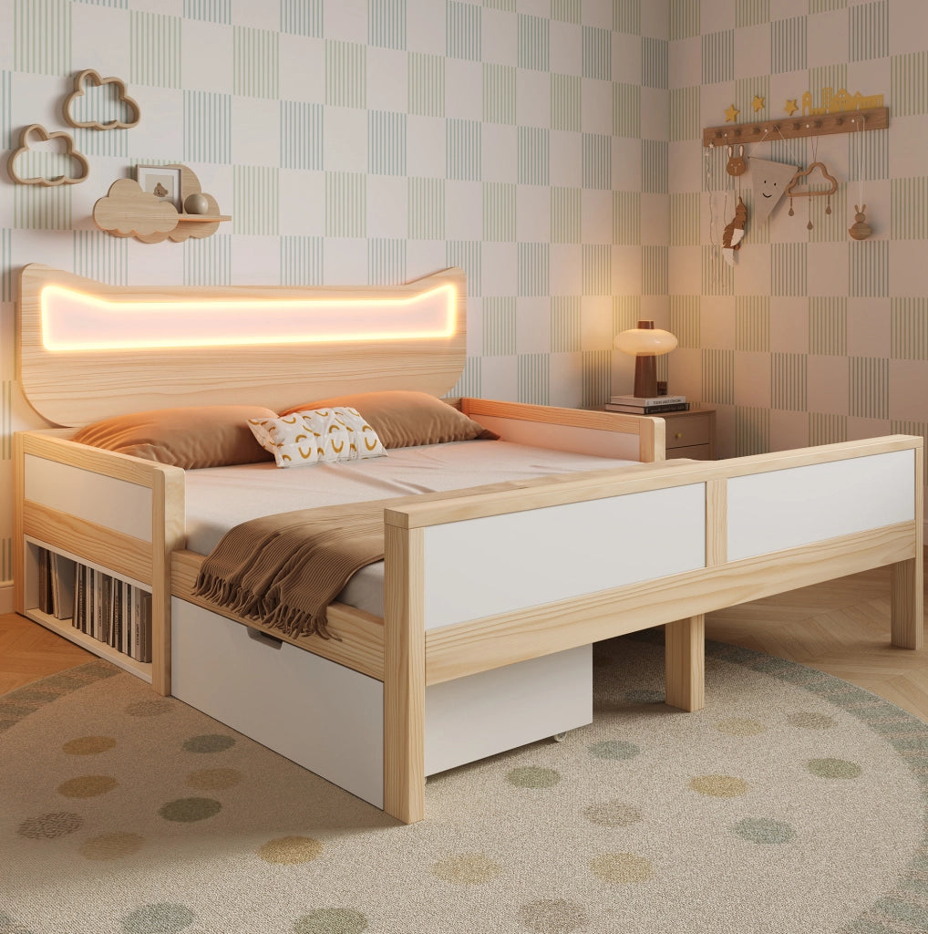 Letto per bambini 140x200 cm con testiera a forma di gatto; LED RGB; legno bianco e rovere