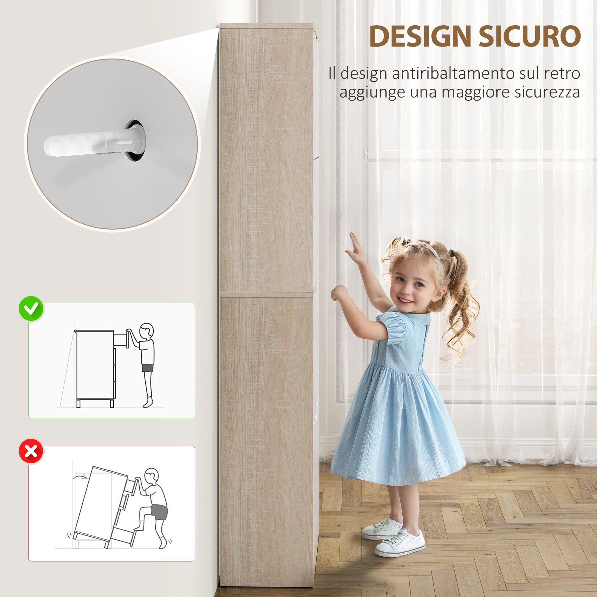 Scarpiera Salvaspazio Slim 62.5x26x156 cm a 4 Cassetti per 20 Paia di Scarpe color Legno e Bianco