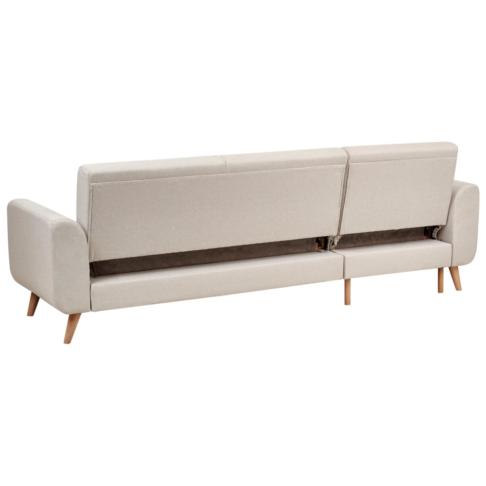 Divano letto ad angolo Rivestimento beige chiaro in tessuto poliestere Gambe in legno chiaro Cuscini Design moderno