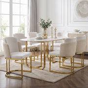 Set di 6 sedie da pranzo in Chenille Beige e Oro, con schienale doppio, gambe metalliche galvanizzate e struttura robusta