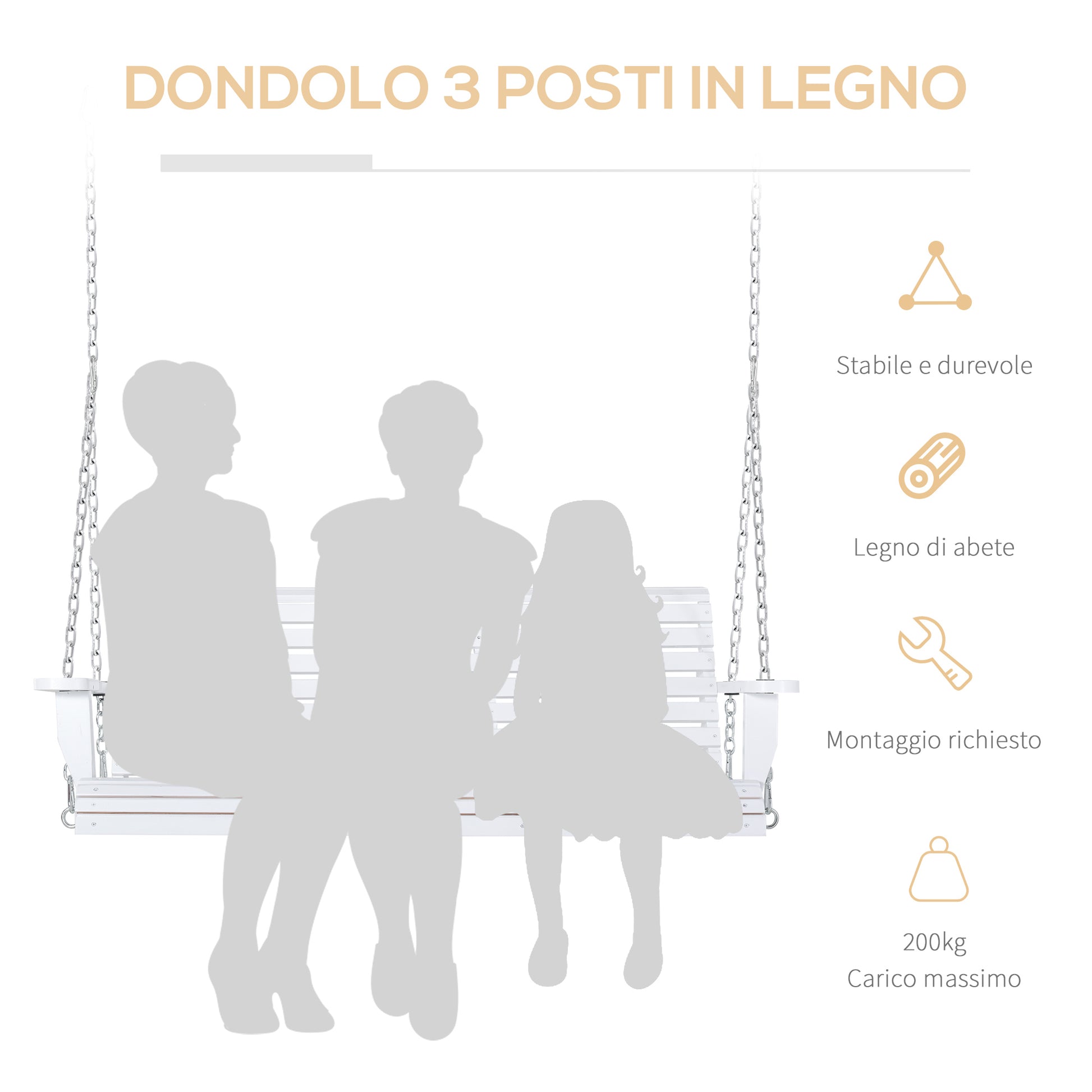 Dondolo 3 Posti da Esterno 150x75x53 cm con Tavolino Centrale e Portabicchieri in Legno e Metallo Bianco