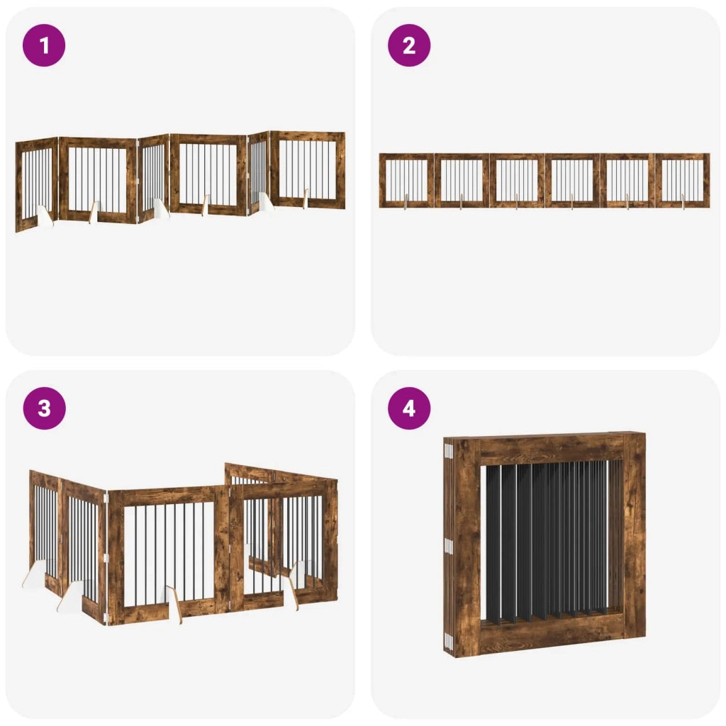 Cancello per cani pieghevole con supporti 6 pz Rovere Fumo 892087