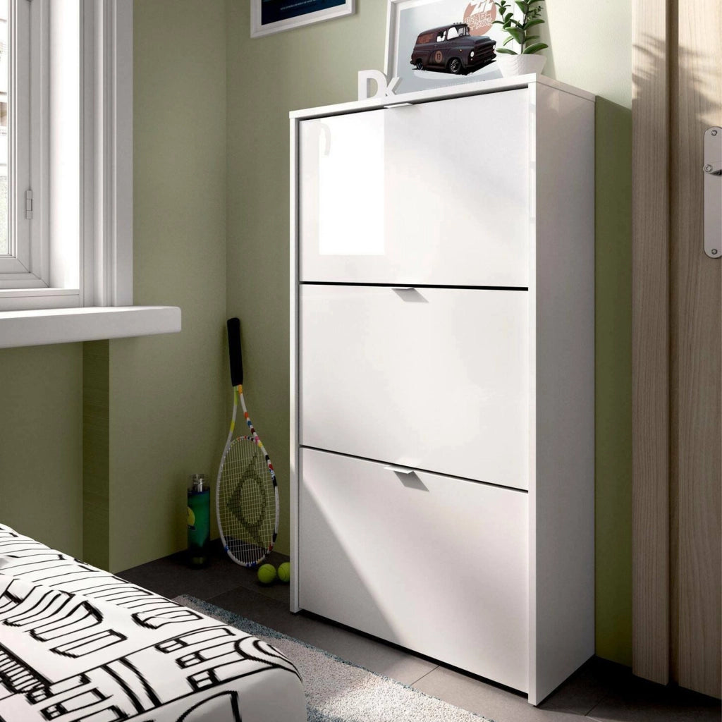 Scarpiera Algoor, Portascarpe salvaspazio da ingresso, Mobiletto porta scarpe a 3 ante a ribalta, 61x25h113 cm, Bianco