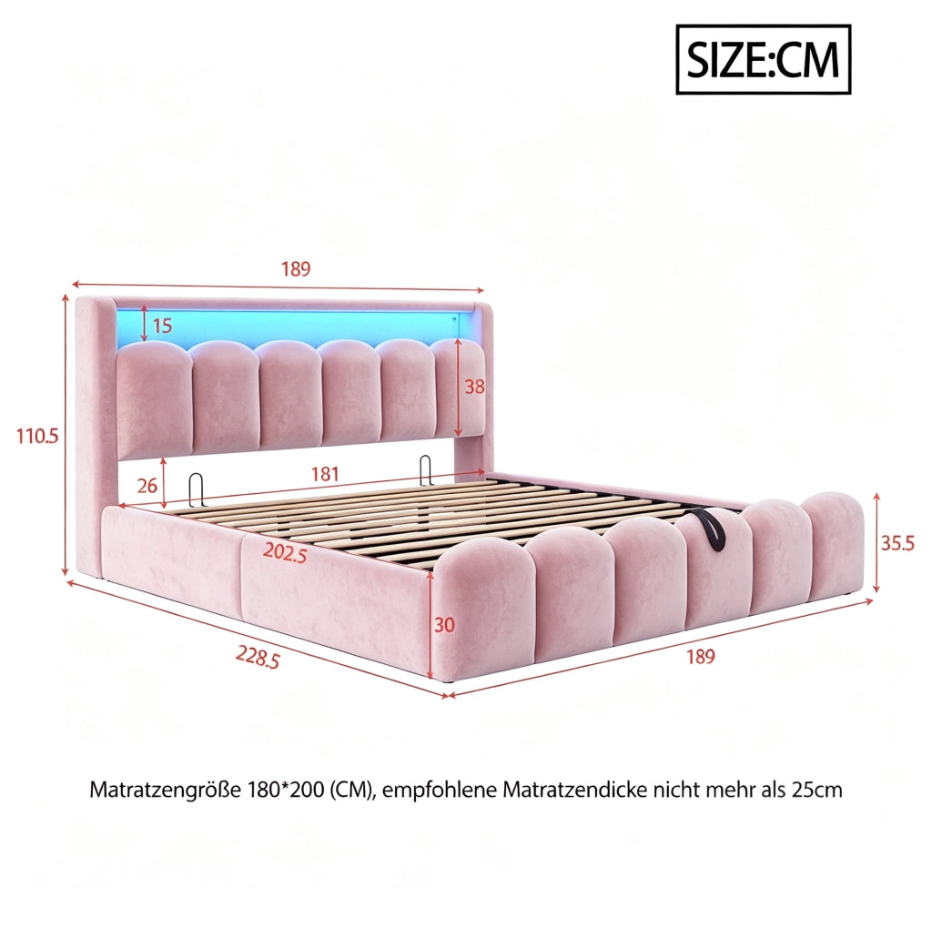 LETTO Matrimoniale Contenitore 180x200 cm Velluto Rosa con LED, USB e Type-C