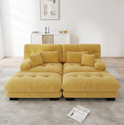 Divano modulare angolare in ciniglia gialla 220x145x81 cm con 2 pouf; cuscini lombari e decorativi