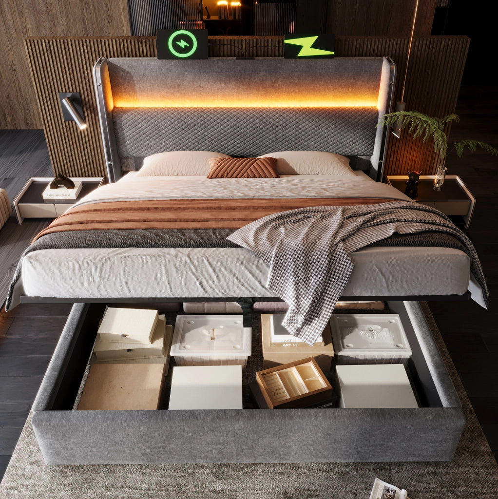 Letto contenitore 140x200 cm grigio con LED, USB e Type-C