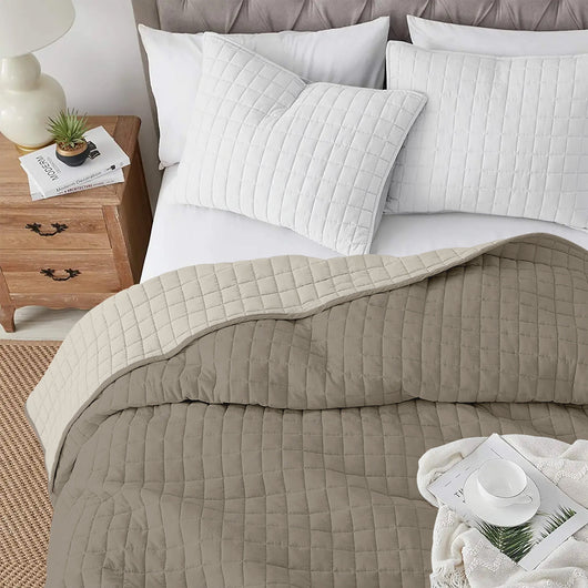 Trapuntino Coperta Primaverile Bicolore Trapunta Anallergica Piumino Mezza Stagione e Antiacaro Colorato Tinta Unita Made in Italy Panna/Tortora - Una piazza e mezza