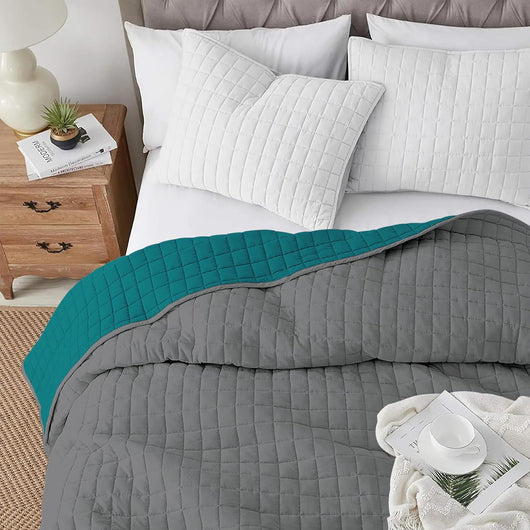 Trapuntino Coperta Primaverile Bicolore Trapunta Anallergica Piumino Mezza Stagione e Antiacaro Colorato Tinta Unita Made in Italy Petrolio/Grigio - Una piazza e mezza