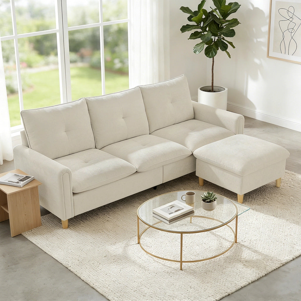Divano angolare 3 posti con pouf contenitore ¨C Xylo ¨C tessuto effetto lino crema 210 cm
