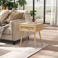 Comodino in rattan con spazio di stoccaggio, Comodino con cassetto e gambe in legno massello Naturale-Comodini