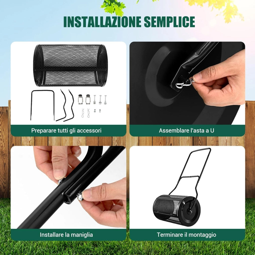 Spandiconcime da 60,5 cm, Rullo da Giardino con Impugnatura Pratica Chiusure Laterali e Rete in Metallo per Concimazione e Semina, Rullo Spandiconcime per Prato Giardino, Verde (Nero)