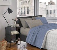 Set Lenzuola 100% cotone di flanella Effetto Melangiato Tinto in Filo Singolo, Piazza Mezza, Matrimoniale Federe Bicolore  - Dove/Blu - Singolo
