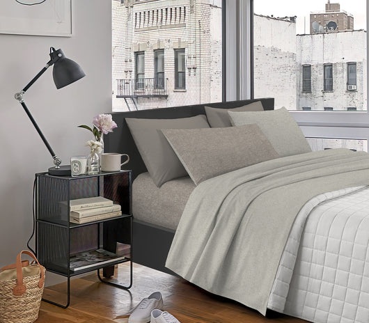 Set Lenzuola 100% cotone di flanella Effetto Melangiato Tinto in Filo Singolo, Piazza Mezza, Matrimoniale Federe Bicolore  - Dove/Crema - Singolo