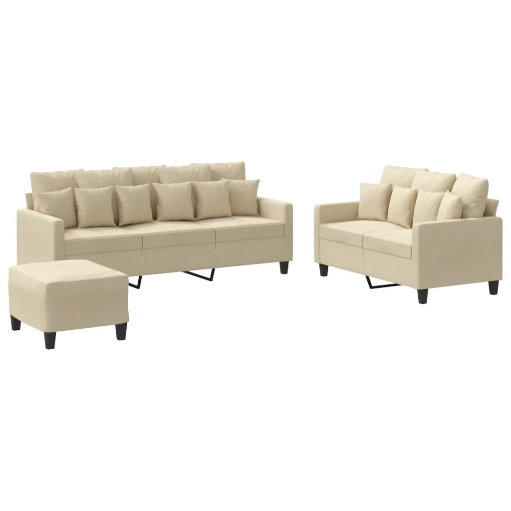 Set di Divani 3 pz con Cuscini Crema in Tessuto