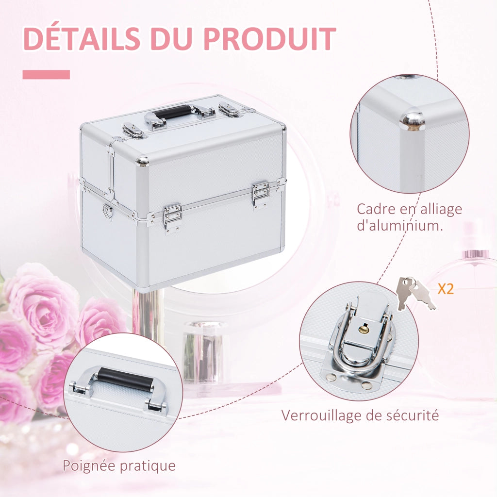 Mallette trucco a 3 livelli con chiavi ¨C zephmum ¨C argento 36.5x24x29 cm
