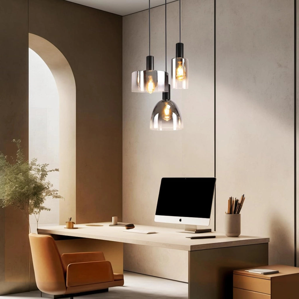 ZMH Lampada a Sospensione 3 Luci E27 Vintage Vetro Fum¨¦ Altezza Regolabile per Cucina Camera Senza Lampadina