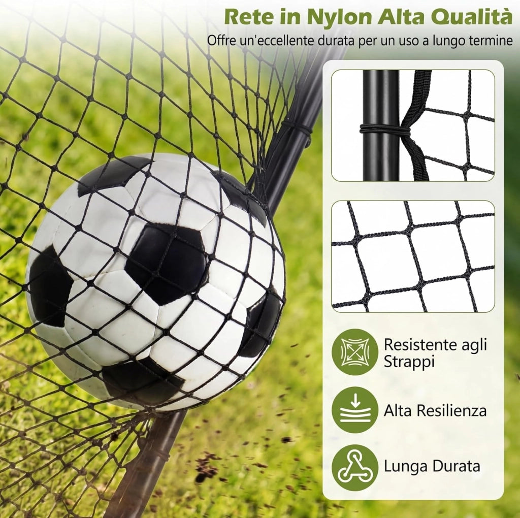 Rete Rimbalzo Calcio, Rete Calcio Rimbalzante Pieghevole da Giardino con 4 Altezze Regolabili, Telaio in Metallo e Picchetti, Porta da Calcio per Bambini, 83,5 x 52 x 77-85 cm