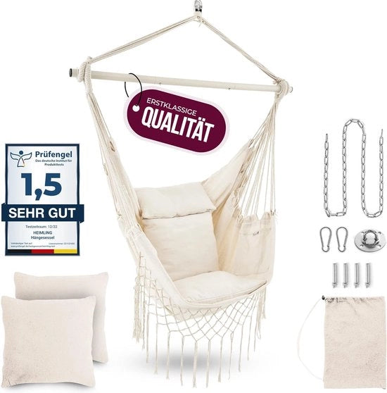 Sedia da Sospensione - Nido da Sospensione Interno ed Esterno - Incluso 2 Cuscini - Adulti e Bambini - Sedia da Sospensione fino a 150kg - Beige