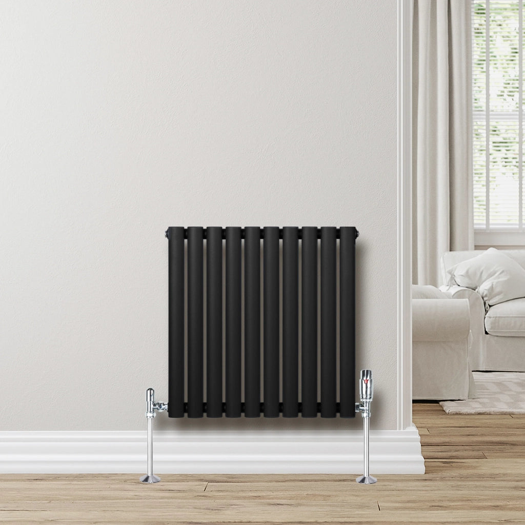 Radiatore Orizzontale Ovale 600x600mm Nero con Valvole TRV