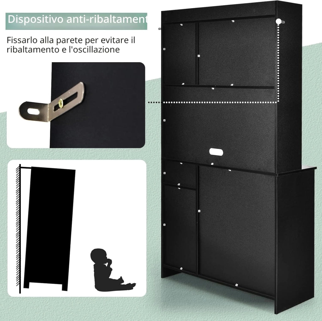 Credenza Alta da Cucina 180 cm, Mobile Cucina Dispensa con Fori per Cavi, Mobile Buffet con 4 Ripiani Regolabili, 3 Armadi, per Soggiorno, Sala da Pranzo, 100 x 40 x 180 cm (Nero)