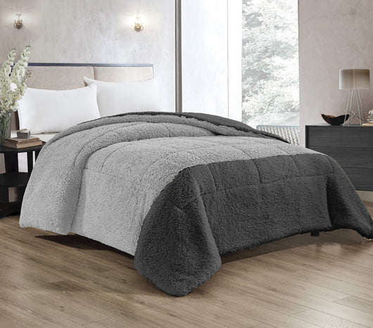 Trapunta Invernale In Tessuto Sherpa Flanellato Caldo Piumone In Morbida Microfibra Grigio-Titanio - Matrimoniale