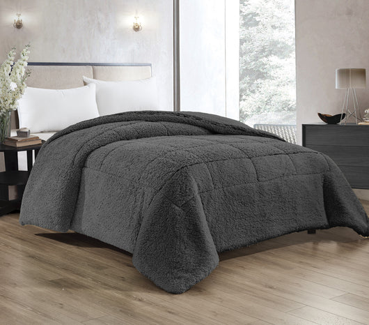 Trapunta Invernale In Tessuto Sherpa Flanellato Caldo Piumone In Morbida Microfibra Grigio-Titanio - Matrimoniale