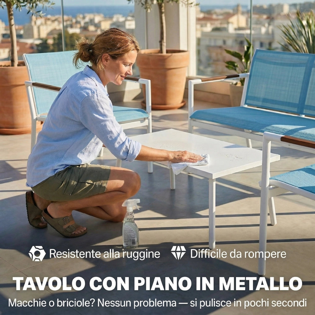 Set Giardino 4 Posti Divano. Poltrone. Tavolo in Metallo. Blu.