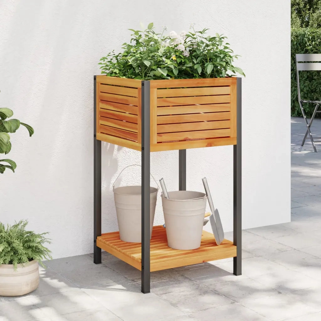 Fioriera | Cassetta per fiori | Vaso con Ripiano 45x45x80 cm in Legno Acacia e Acciaio