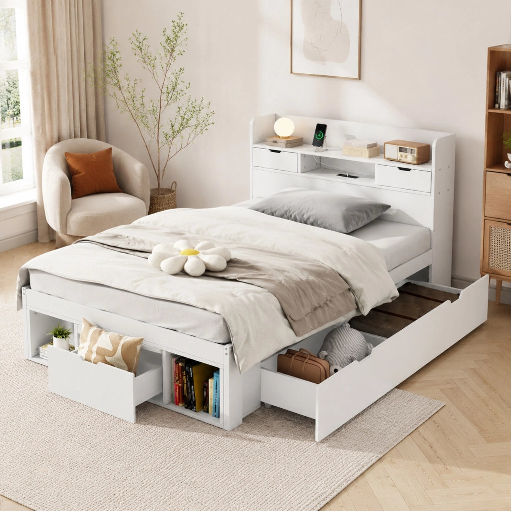 Letto singolo multifunzionale 90x200 cm bianco in pino con USB; cassetti e vani contenitori