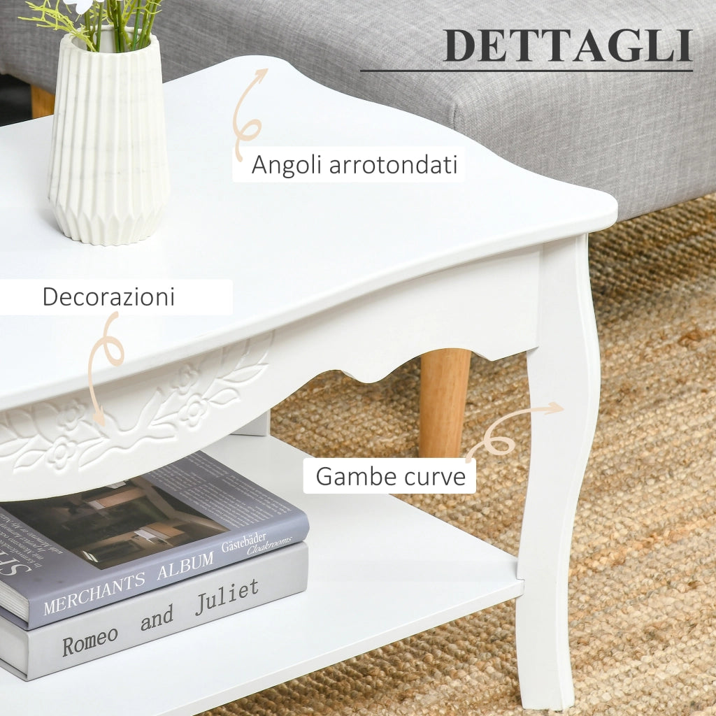 EasyComfort Tavolino da Salotto con Ampio Ripiano Portaoggetti Inferiore in Legno, 94x44x43cm, Bianco
