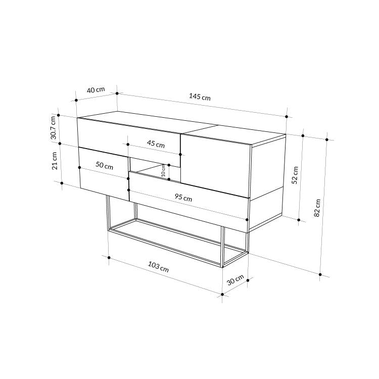 Consolle Moderna 145x40x82 cm con 2 Ante 2 Cassetti e Gambe Alte Zaffiro di Quercia e Bianco