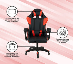 Sedia Gaming Professionale SimilPelle Reclinabile Con Braccioli Poltrona Ufficio Regolabile in Altezza Pistone Gas,Cuscino Poggiatesta E Lombare Gamer - Rosso