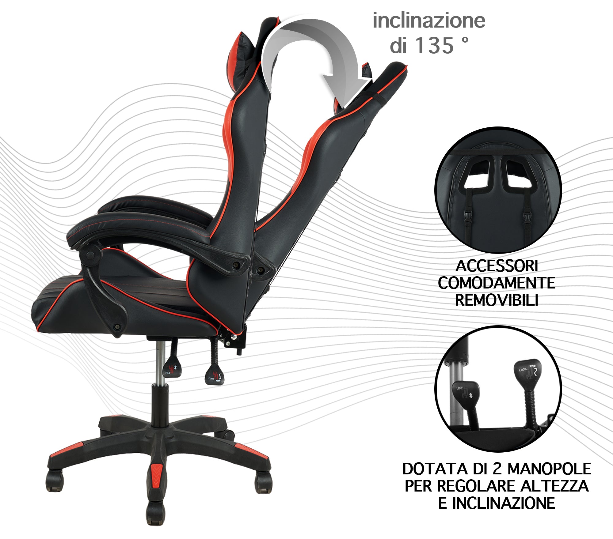 Sedia Gaming Professionale SimilPelle Reclinabile Con Braccioli Poltrona Ufficio Regolabile in Altezza Pistone Gas,Cuscino Poggiatesta E Lombare Gamer - Rosso