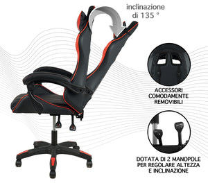 Sedia Gaming Professionale SimilPelle Reclinabile Con Braccioli Poltrona Ufficio Regolabile in Altezza Pistone Gas,Cuscino Poggiatesta E Lombare Gamer - Rosso