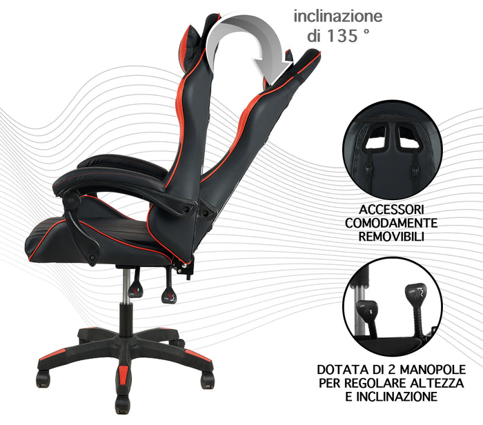 Sedia Gaming Professionale SimilPelle Reclinabile Con Braccioli Poltrona Ufficio Regolabile in Altezza Pistone Gas,Cuscino Poggiatesta E Lombare Gamer - Rosso