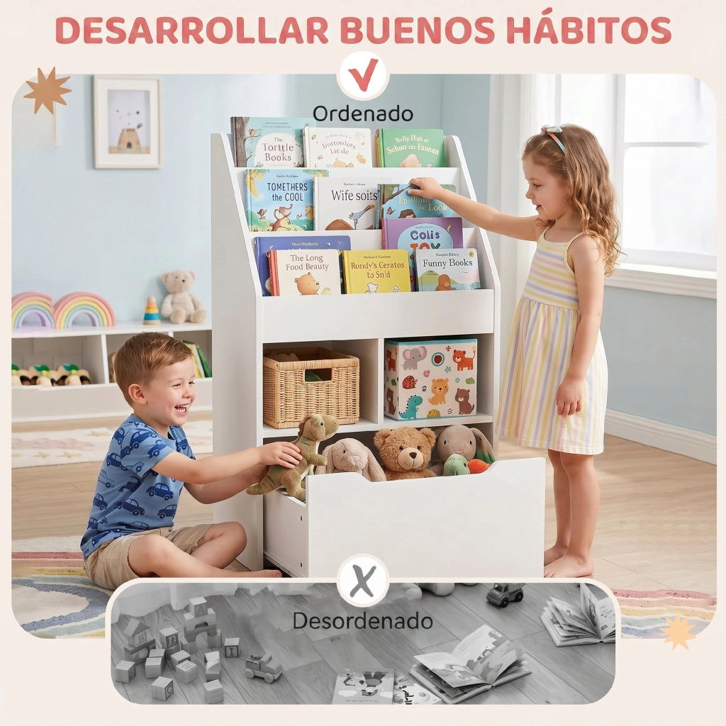Libreria per bambini in legno con 3 ripiani, 2 cubi e cassetto mobile con ruote ¨C zephmum ¨C Bianco 60x29.9x90 cm