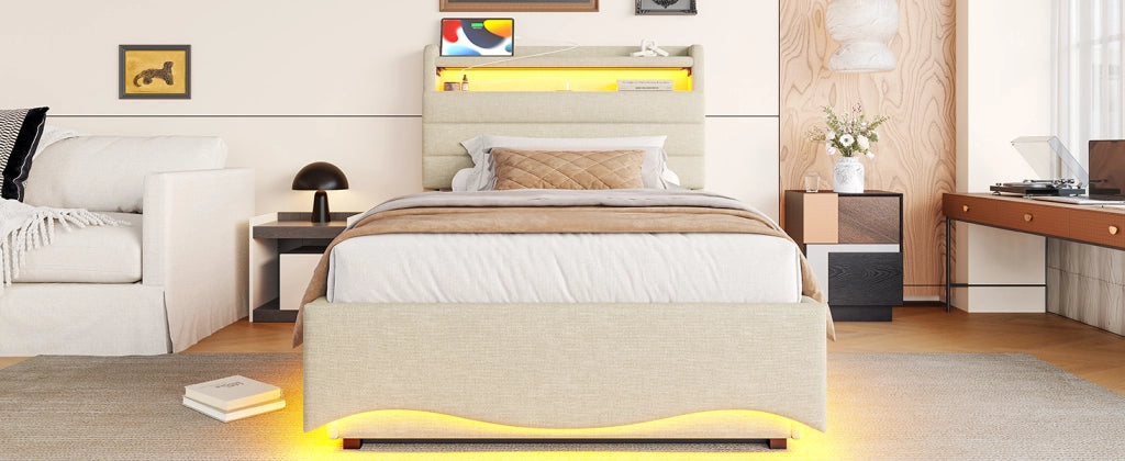 DESMIU Lit coffre 90 × 200 cm 1 posto con LED, USB e Type-C, contenitore idraulico, senza materasso, in lino beige