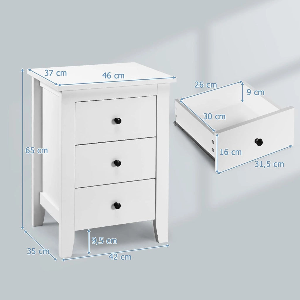 Comodino in Legno, Tavolino da Salotto con 3 Cassetto, Moderno Tavolino da Salotto per Soggiorno, Camera da Letto, 46 x 37 x 65 cm, 2 Colori (2 bianco)