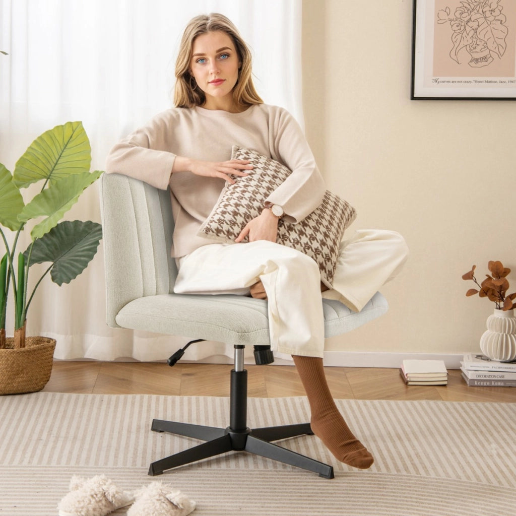 Sedia da scrivania con gambe incrociate altezza regolabile, Poltrona imbottita per ufficio con dondolo a 120¡ã Beige-Sedie e poltrone