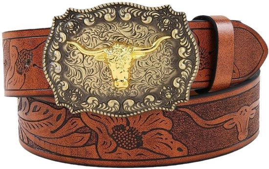 Riem con testa di toro in pelle - 120 cm di lunghezza - Stile western - Unico modello - Disegno particolare