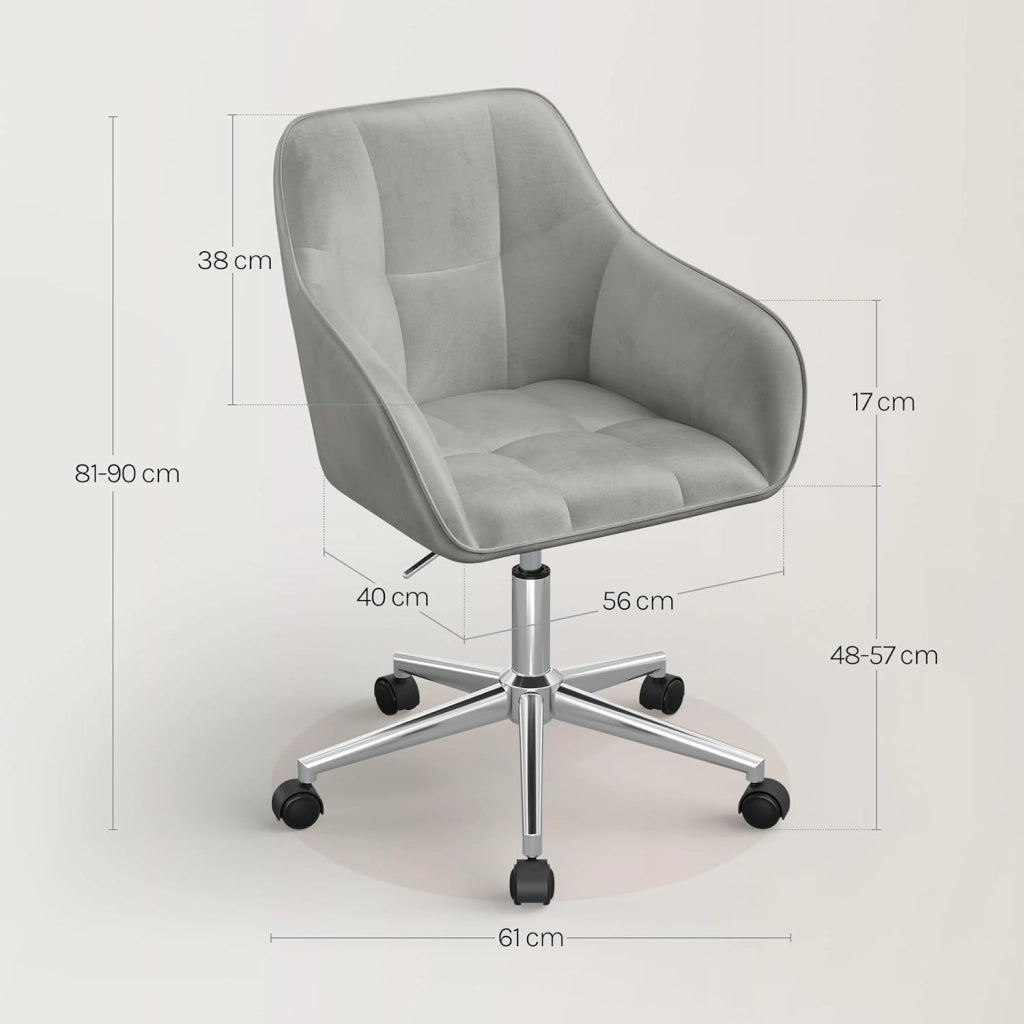 Sedia Ufficio in Velluto con Braccioli e Rotelle, Poltroncina Regolabile in Altezza Girevole, Sedia da Trucco, Grigio Chiaro, BS145hgr
