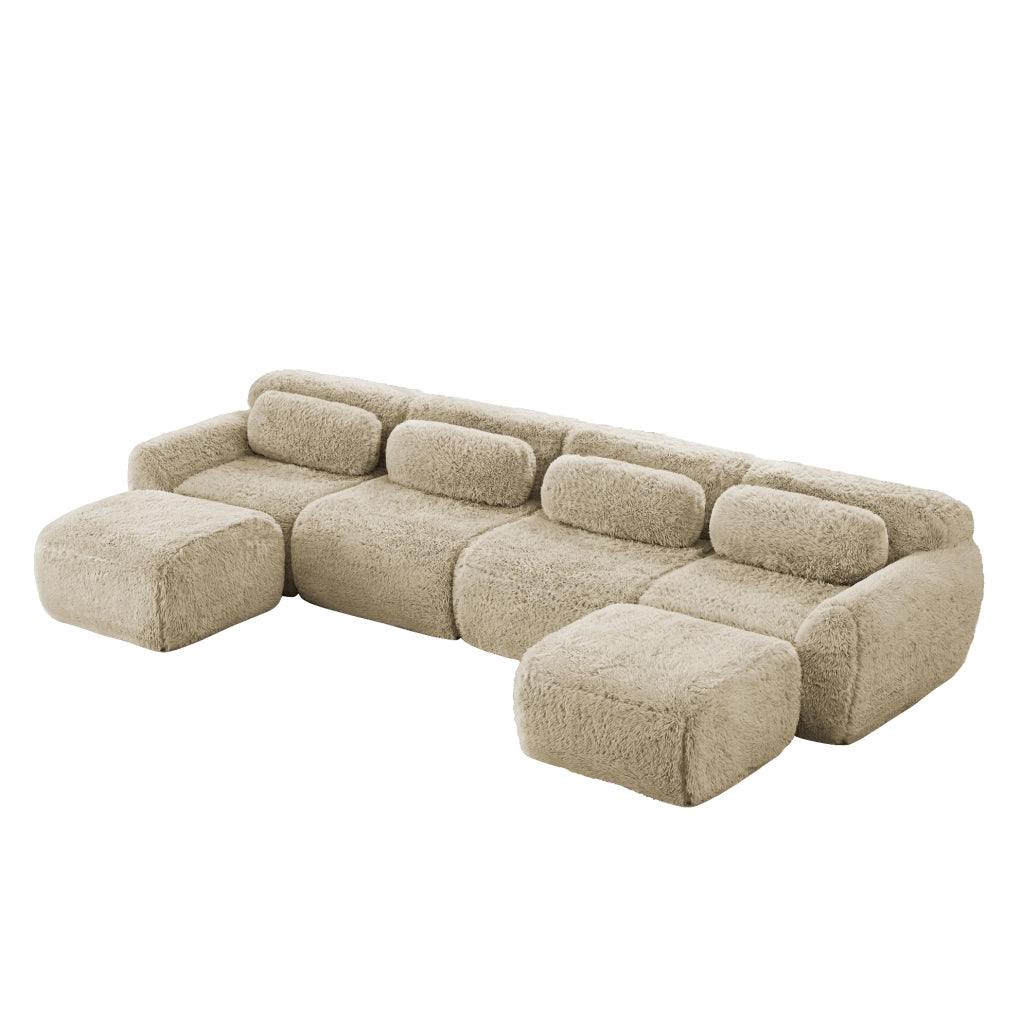 Divano modulare a U 378x179x73 cm in tessuto, beige chiaro, con cuscini, senza montaggio –