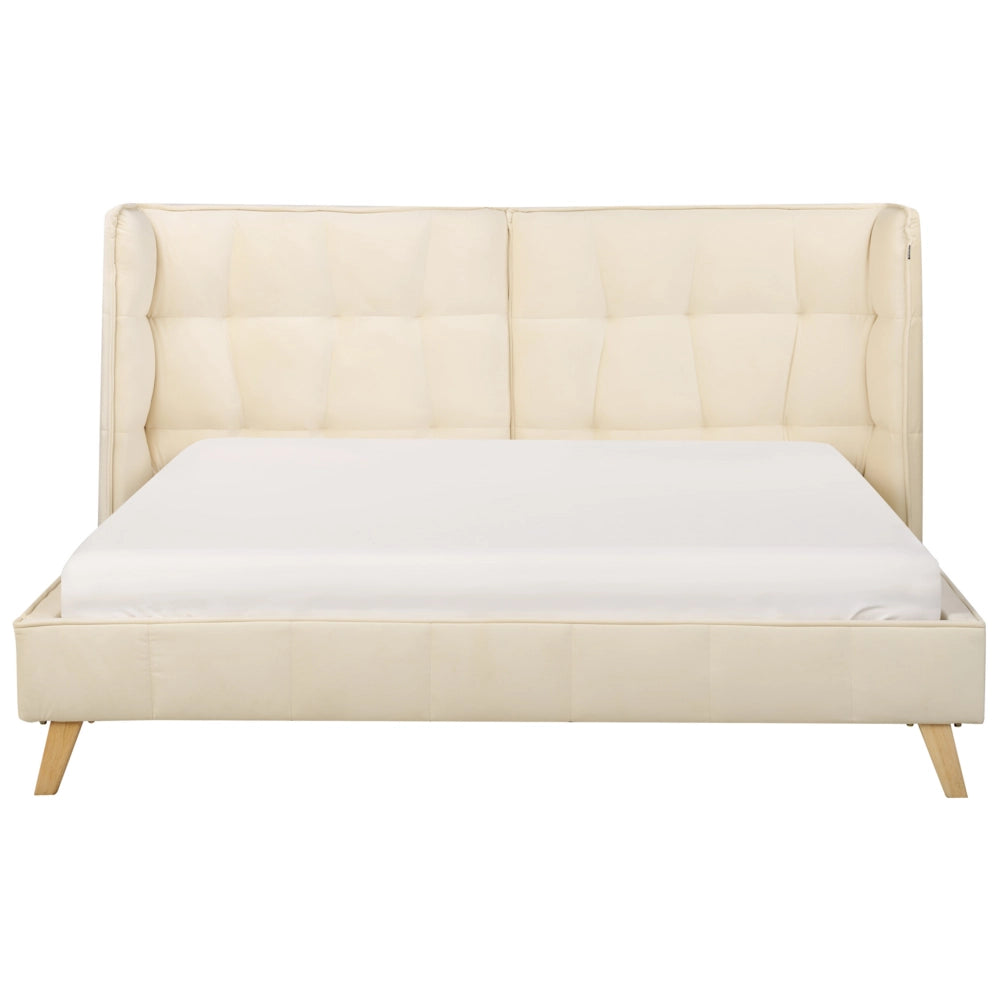 Letto Tappezzeria trapuntata in velluto beige Gambe in legno chiaro 160 x 200 cm doghe con testiera regolabile Wingback