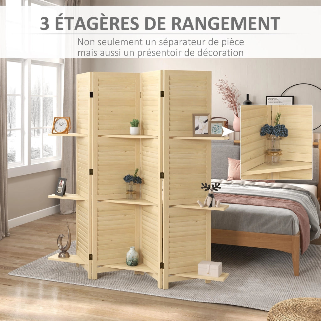 Paravento con 4 pannelli e 3 mensole ¨C zephmum ¨C legno naturale 160x170 cm