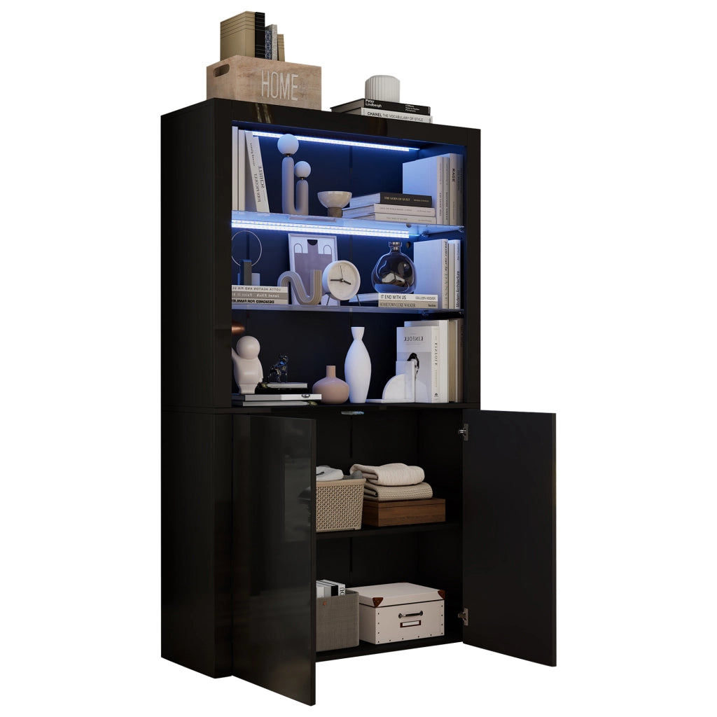 Vetrina con LED e 2 ante, 2 vani contenitore, per soggiorno, in MDF, truciolare e vetro, nera, 100 × 35 × 170 cm