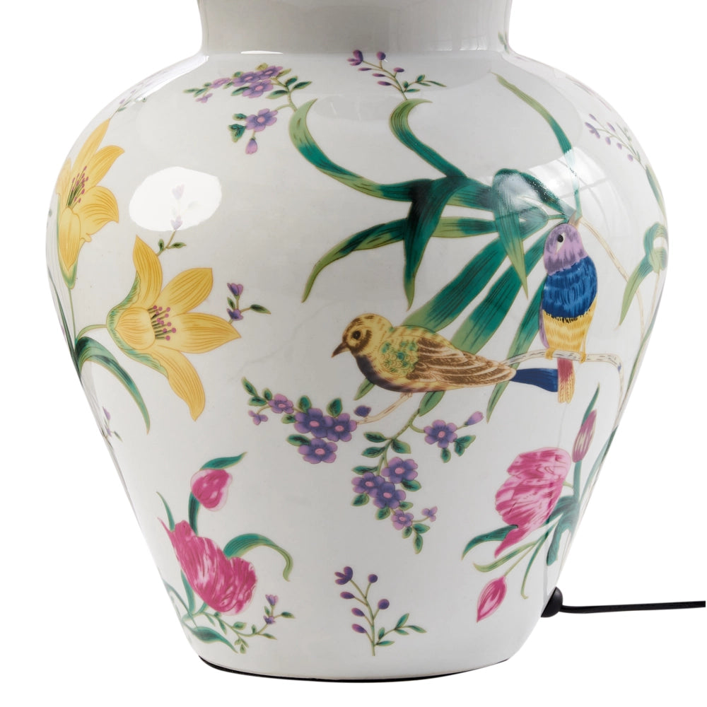 Lampada da tavolo Base in porcellana bianca Paralume a campana in lino con patten floreale Illuminazione elegante