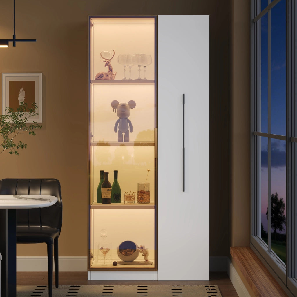 OKWISH Vetrina con Anta in Vetro, Modulo Laterale Estraibile e LED, per Soggiorno o Sala da Pranzo, MDF, Bianco, 70 x 40 x 160 cm