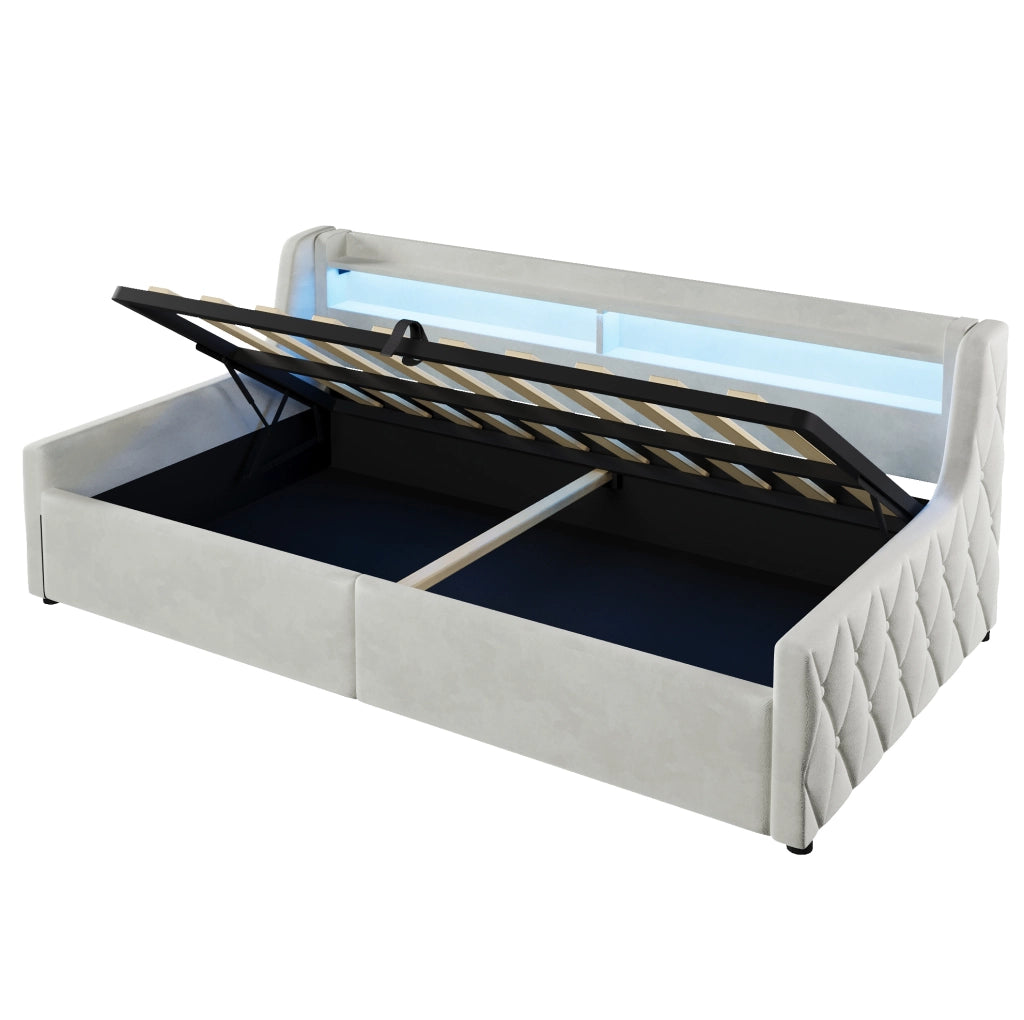 Letto imbottito 90x200 cm con contenitore idraulico e LED in flanella bianco sporco