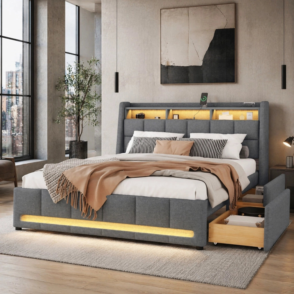 LETTO 140x200 cm con cassetti, LED e USB in lino grigio