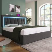 Letto matrimoniale imbottito ULEVR 160x200 cm con materasso, contenitore, LED, USB e Type-C, lino grigio